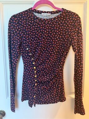 Paco Rabanne Black & Pink Long-Sleeve Ruched Button Top size 36